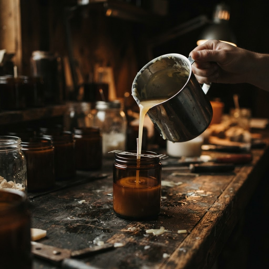 Molten wax being poured into an amber glass vessel on a workbench
