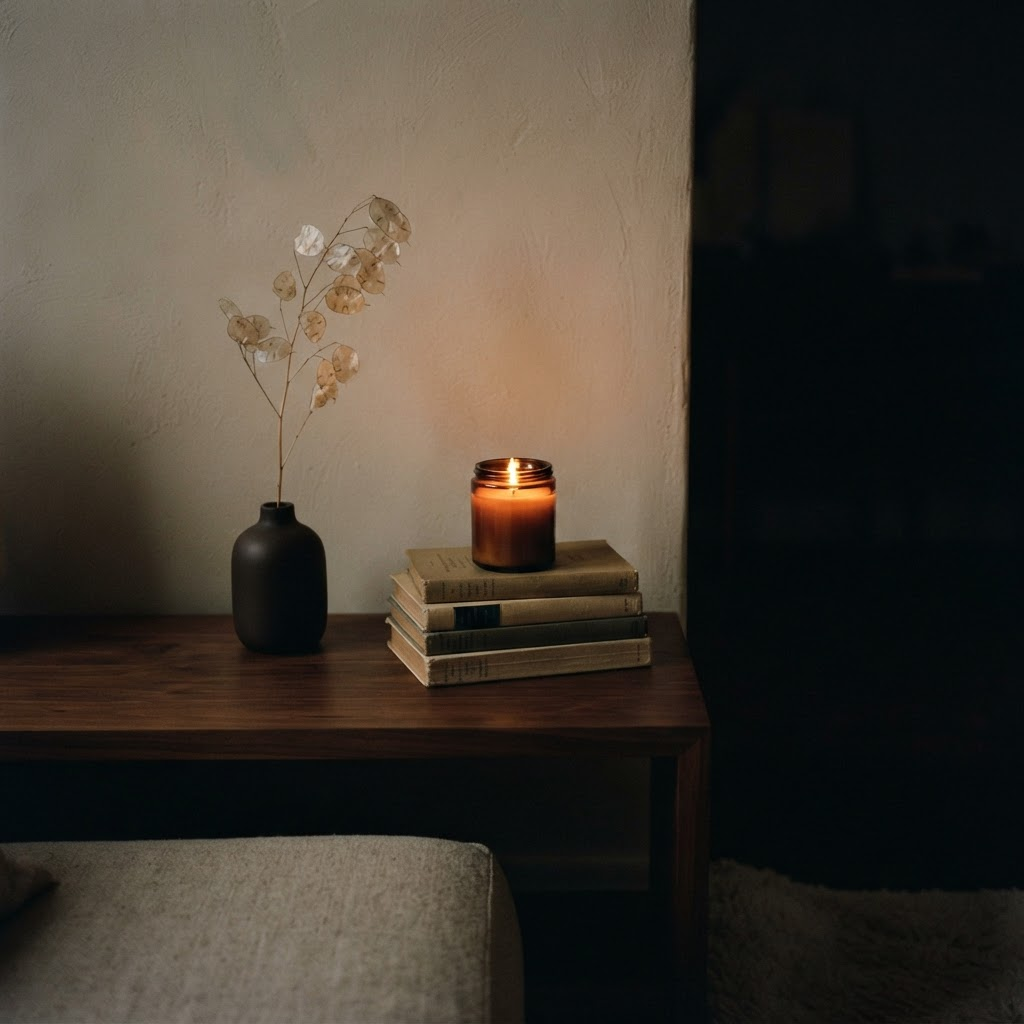 The candle burning on a side table, the only light in a dark room