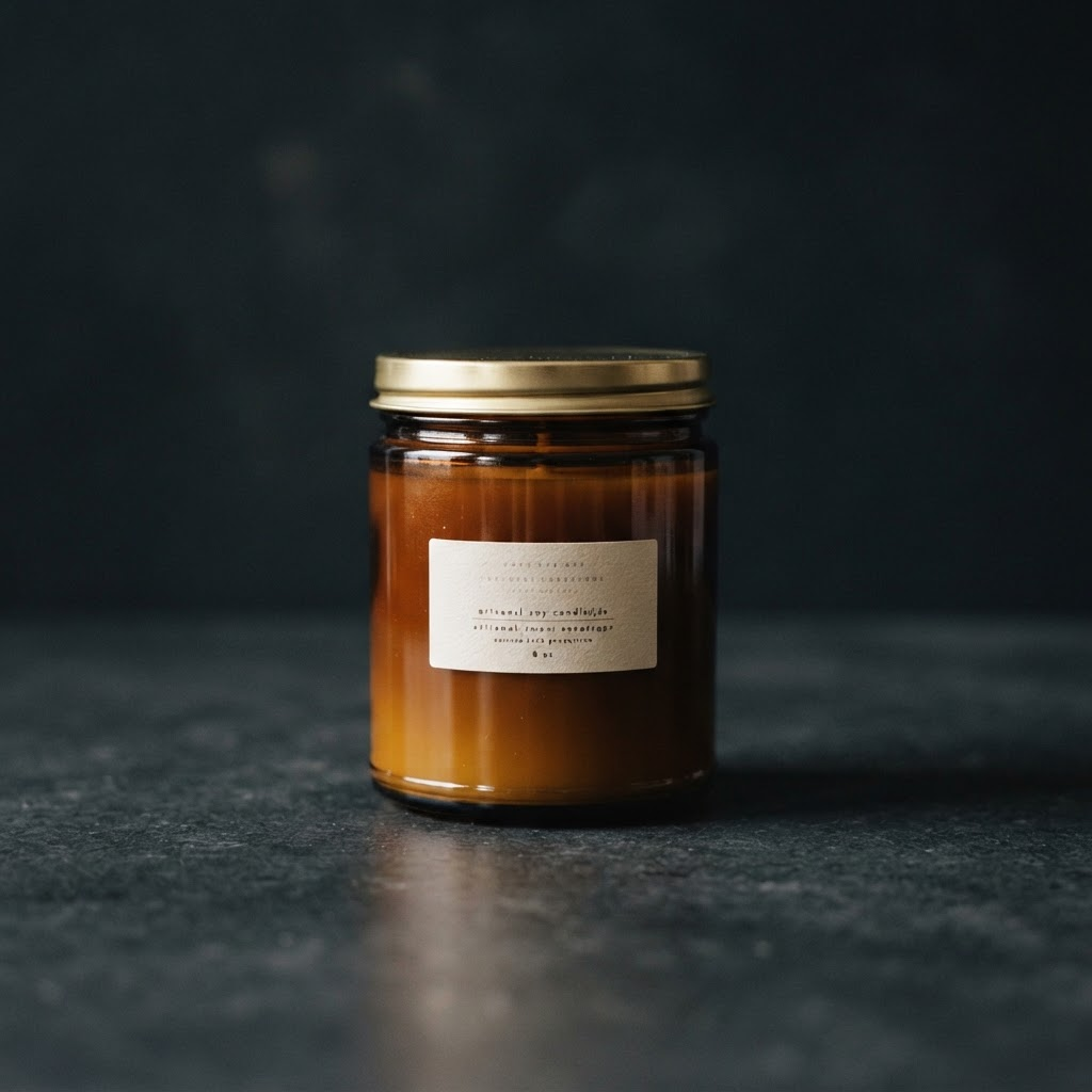 An eight ounce amber glass candle with a single cotton wick, unlit