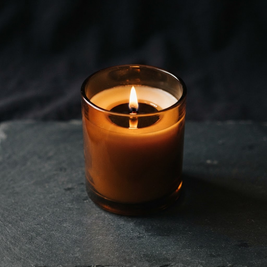 The amber glass candle burning, wax pooled at the surface